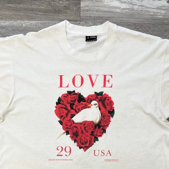 Vintage Fruit Of The Loom 90s Love 29 Made White Mens L‎ Single Stitch T-Shirt - Picture 1 of 8